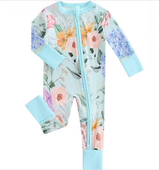 Green Hydrangea Bamboo Baby Convertible Zippy Romper