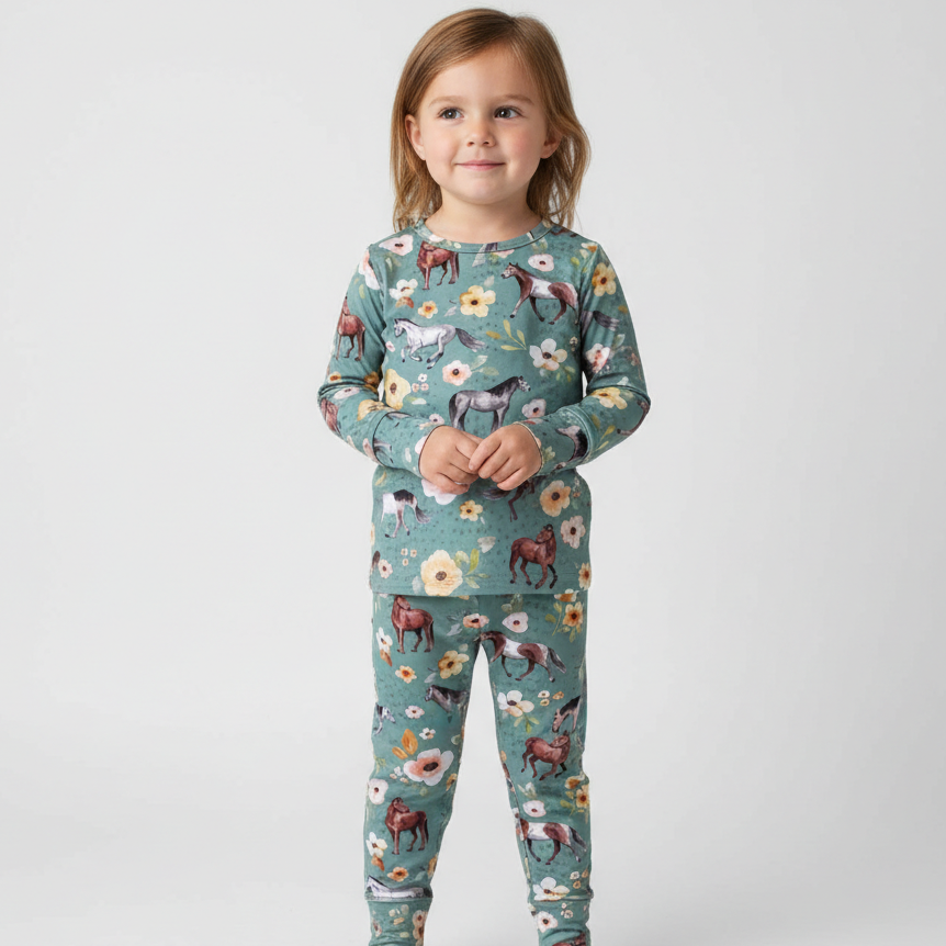 PoshTOT Forest Green Horse 2 Piece PJ Set
