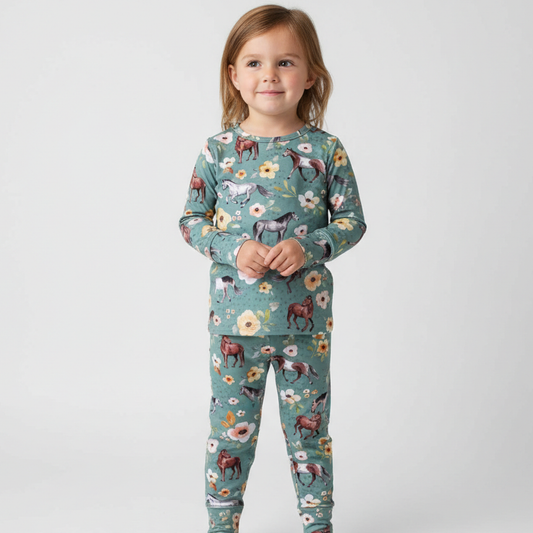 PoshTOT Forest Green Horse 2 Piece PJ Set