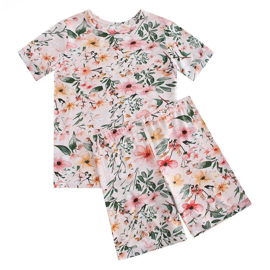 Pink Flower Print 2 Piece Short Sleeves PJ Set