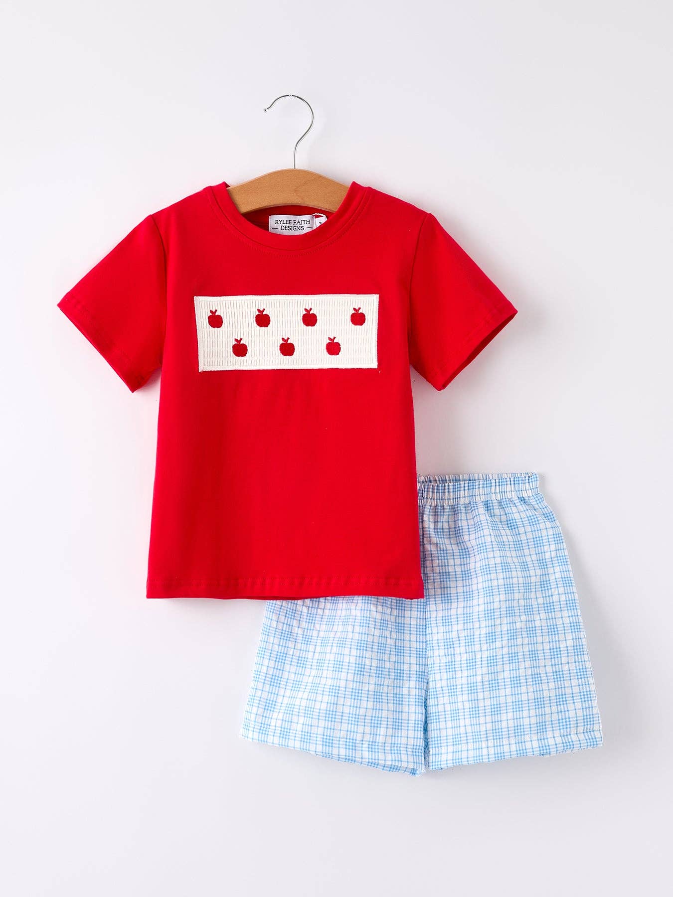 Boys Back to School Apple Smock Embroidered Plaid Set