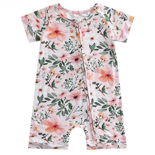 Pink Small Floral Print Bamboo Baby Shorty Zippy Romper